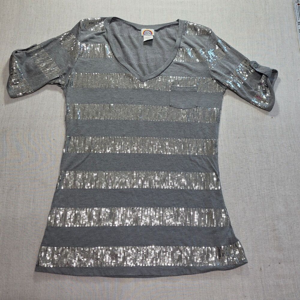 Y2K Vintage Love Rocks Sequin Stripe Top Womens Large Gray V Neck Bling